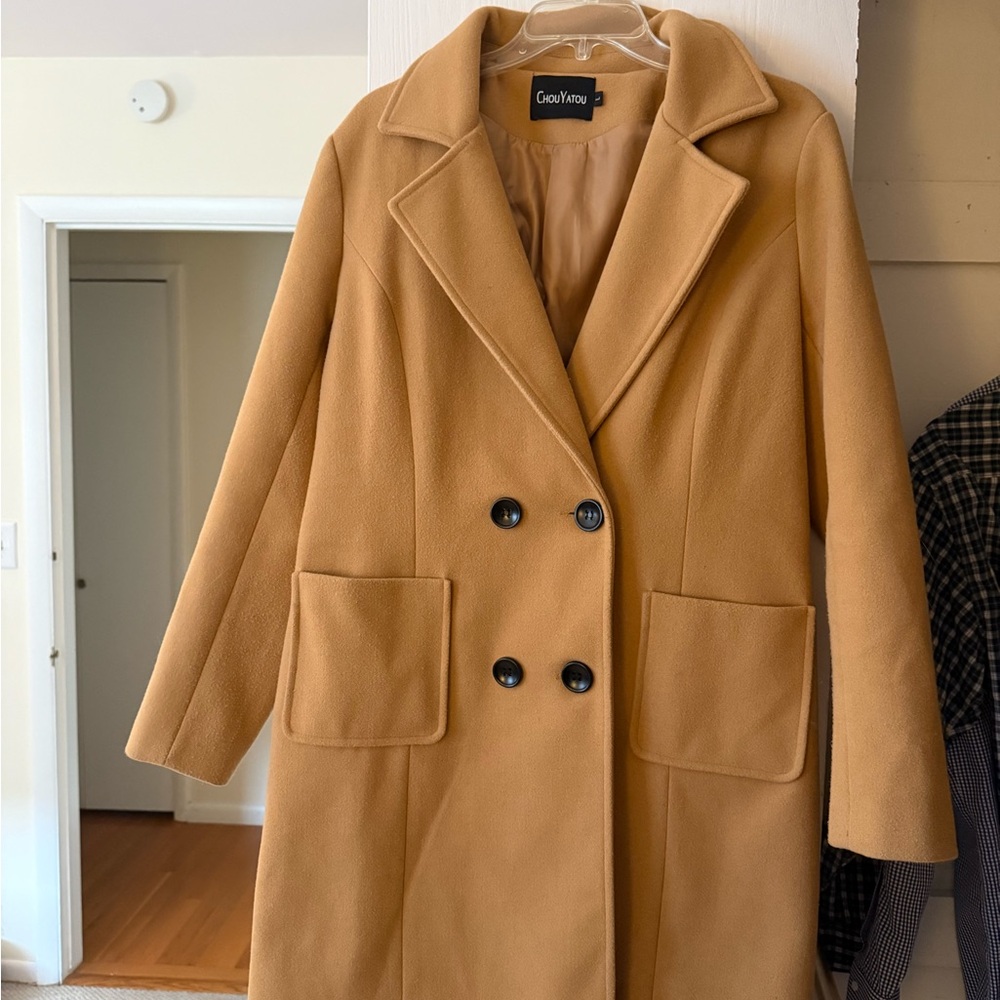 ChouYatou Women's Camel Double-Breasted Pea Coat